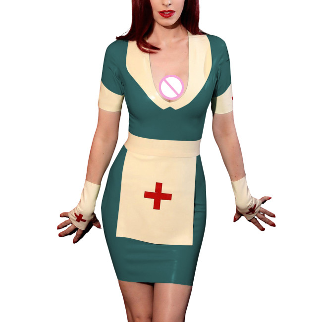 Role Play Nurse Dress Set Cross-dressering Party Wetlook Nurse Outfits Glossy PVC Leather Short Sleeve Slim Fit Dress with Apron
