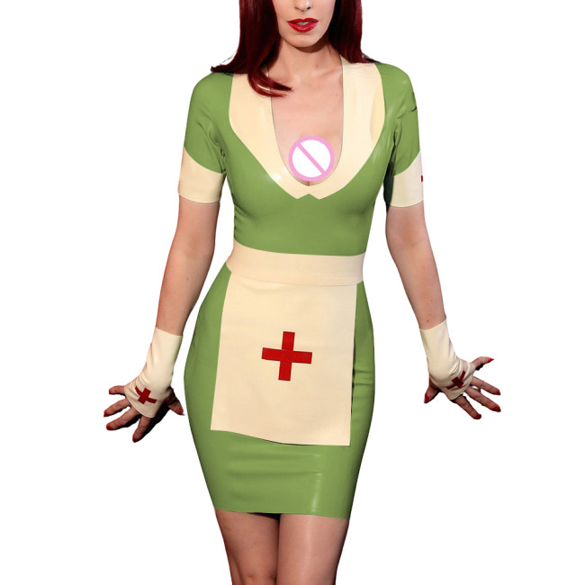 Role Play Nurse Dress Set Cross-dressering Party Wetlook Nurse Outfits Glossy PVC Leather Short Sleeve Slim Fit Dress with Apron