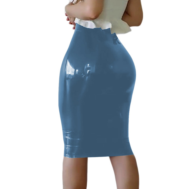 Latex-look Tight Knee-length Skirts Sexy Ladies PVC Glossy Skinny Pencil Skirts High Waist Bodycon Skirt Sissy Vinyl Clubwear