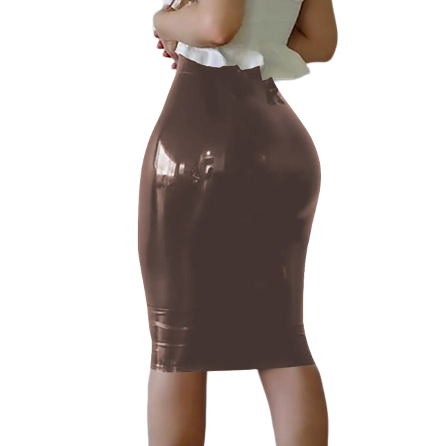 Latex-look Tight Knee-length Skirts Sexy Ladies PVC Glossy Skinny Pencil Skirts High Waist Bodycon Skirt Sissy Vinyl Clubwear