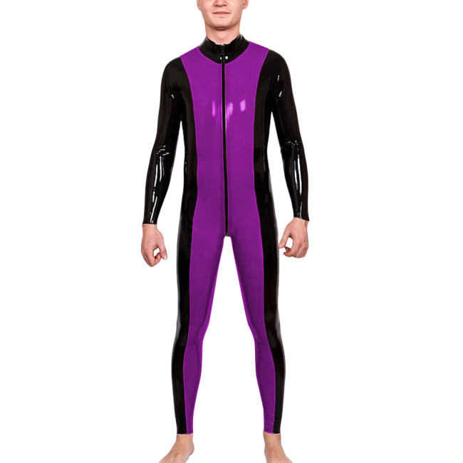 Mens Zipper Open Crotch Patchwork Jumpsuit Latex-look PVC Leather Long Sleeve Club Catsuit Shiny Party Cosplay Rompers Zentai