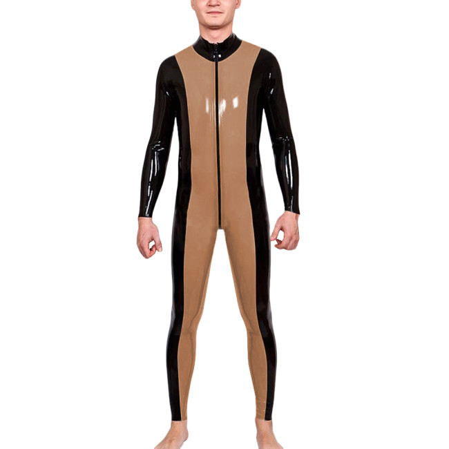 Mens Zipper Open Crotch Patchwork Jumpsuit Latex-look PVC Leather Long Sleeve Club Catsuit Shiny Party Cosplay Rompers Zentai