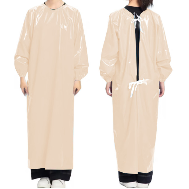 Vinyl PVC Leather Doctor Nurse Apron Dress Party Cosplay Uniforms Long Sleeve Solid Color O-neck Long Dress with Lace-up Back