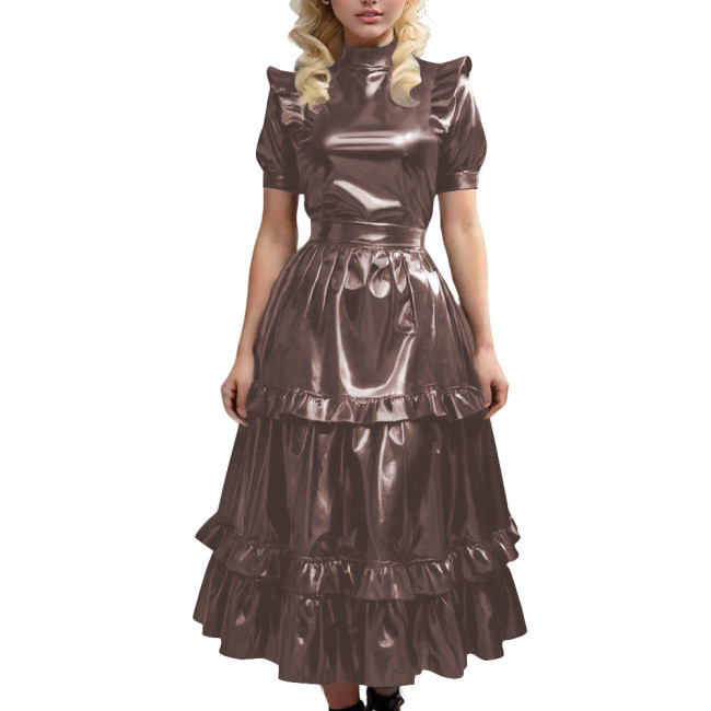 Gothic Shiny Leather PVC Long Dress with Ruffled Vintage Sweet Maid A-line Pleated Dress Sissy Cosplay Party Swing Cake Dresses