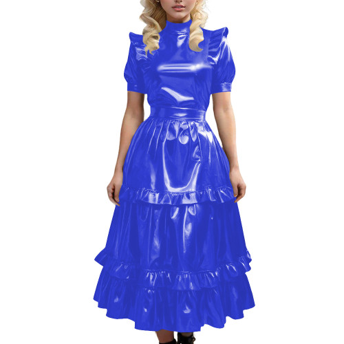 Gothic Shiny Leather PVC Long Dress with Ruffled Vintage Sweet Maid A-line Pleated Dress Sissy Cosplay Party Swing Cake Dresses