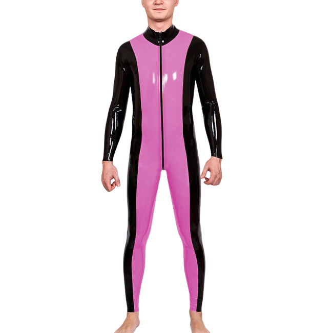 Mens Zipper Open Crotch Patchwork Jumpsuit Latex-look PVC Leather Long Sleeve Club Catsuit Shiny Party Cosplay Rompers Zentai
