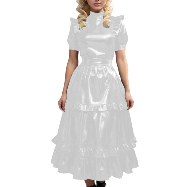 Gothic Shiny Leather PVC Long Dress with Ruffled Vintage Sweet Maid A-line Pleated Dress Sissy Cosplay Party Swing Cake Dresses