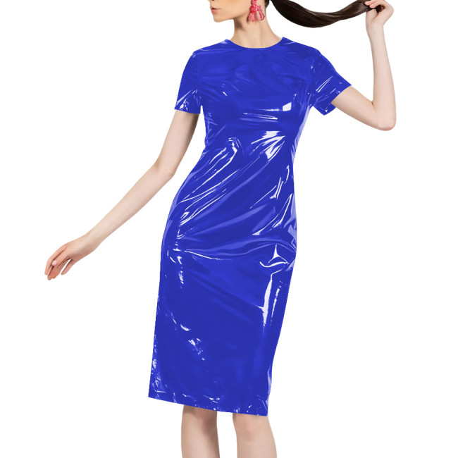 Women Shiny Patent Leather O-neck Dress Glossy PVC Stretch Knee-length Casual Dresses Wetlook Streetwear Going Out Slim Clothing