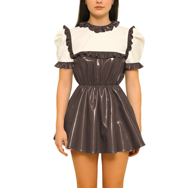 Patchwork Ruffled Latex-look PVC Mini Dress Sweet Puff Short Sleeves High Waist A-line Dress Retro Maid Style Pleated Mini Dress