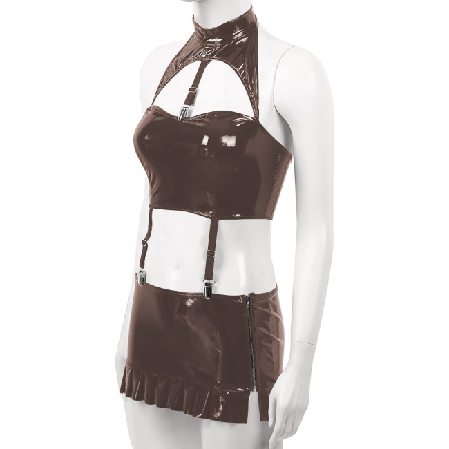 Sexy PVC Leather Dress Sets for Womens Wetlook Halter Neck Bra Crop Top Garter Belt Mini Skirt Rave Party Outfits Exotic Costume