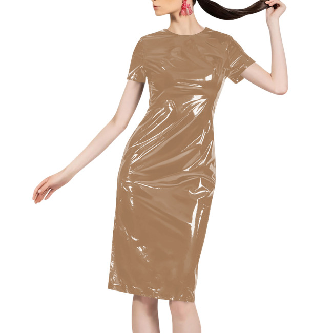 Women Shiny Patent Leather O-neck Dress Glossy PVC Stretch Knee-length Casual Dresses Wetlook Streetwear Going Out Slim Clothing