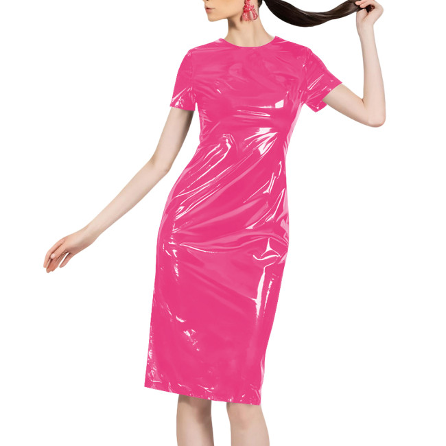 Women Shiny Patent Leather O-neck Dress Glossy PVC Stretch Knee-length Casual Dresses Wetlook Streetwear Going Out Slim Clothing