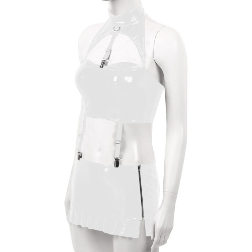 Sexy PVC Leather Dress Sets for Womens Wetlook Halter Neck Bra Crop Top Garter Belt Mini Skirt Rave Party Outfits Exotic Costume