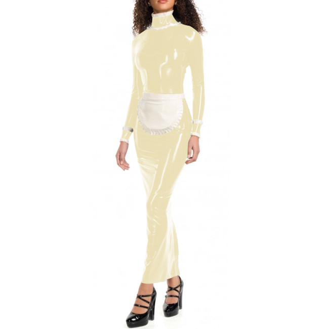 Wet Look Halloween Maid Dress Outfits Sissy High Neck Long Pencil Dress with Full Zipper Vinyl PVC Leather Cosplay Maid Dresses