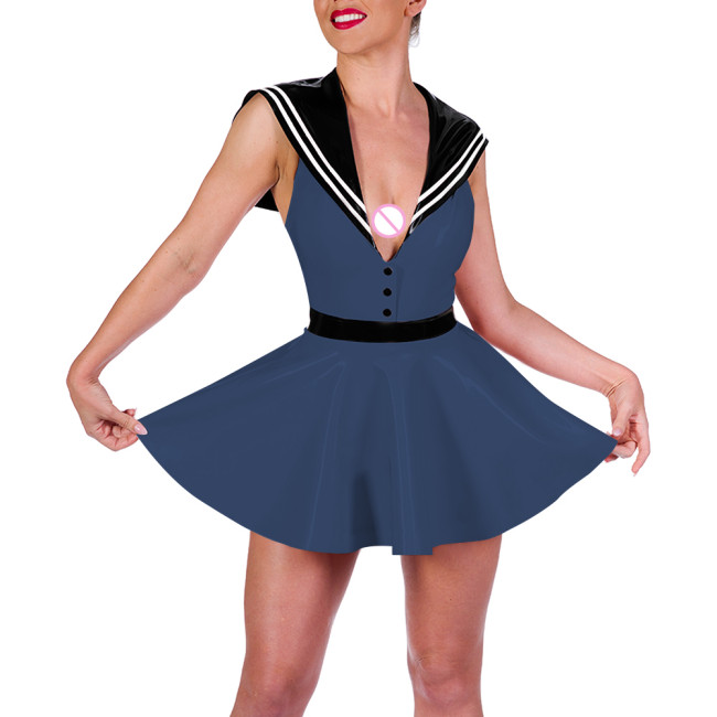 Lady Sailor Collar Sexy Mini Dress Glossy Leather PVC Preppy Style Lolita A-line Dress Womens Party Cosplay Navy Short Dresses