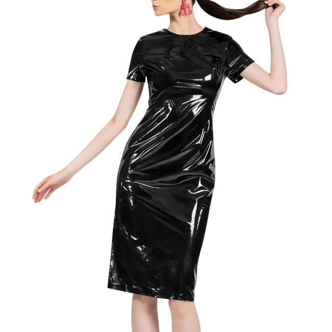 Women Shiny Patent Leather O-neck Dress Glossy PVC Stretch Knee-length Casual Dresses Wetlook Streetwear Going Out Slim Clothing