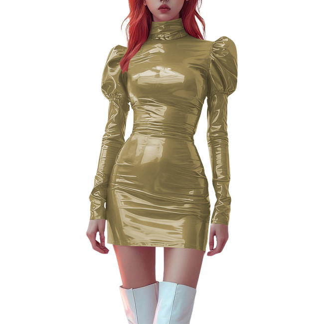 High Neck Bodycon PVC Vinyl Leather Mini Dress for Womens Party Puff Long Sleeve Tight Dress Ladies Stretchy Fashion Short Dress