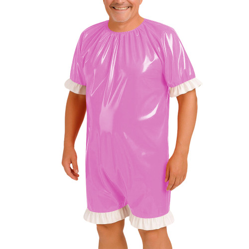 Men's Short Sleeve Wetlook Bodysuit with Ruffles Hem Glossy PVC Leather Cosplay Romper Eoxitc Lingerie Party Cosplay Uniform