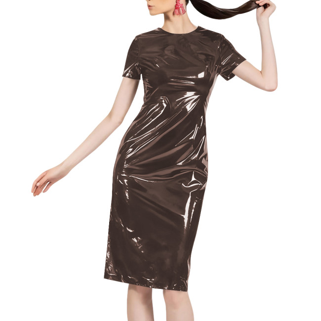 Women Shiny Patent Leather O-neck Dress Glossy PVC Stretch Knee-length Casual Dresses Wetlook Streetwear Going Out Slim Clothing