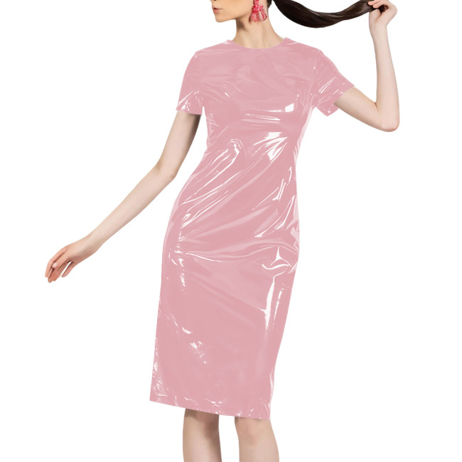 Women Shiny Patent Leather O-neck Dress Glossy PVC Stretch Knee-length Casual Dresses Wetlook Streetwear Going Out Slim Clothing