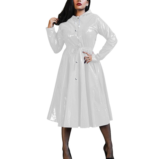 Plus Size Women's Midi Hood Dress Vinyl PVC Leather Long Sleeve Button Up A-Line Maxi Dresses Office Pleated Large-Hem Dresses