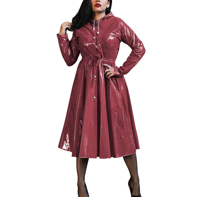 Plus Size Women's Midi Hood Dress Vinyl PVC Leather Long Sleeve Button Up A-Line Maxi Dresses Office Pleated Large-Hem Dresses