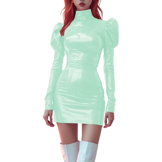 High Neck Bodycon PVC Vinyl Leather Mini Dress for Womens Party Puff Long Sleeve Tight Dress Ladies Stretchy Fashion Short Dress