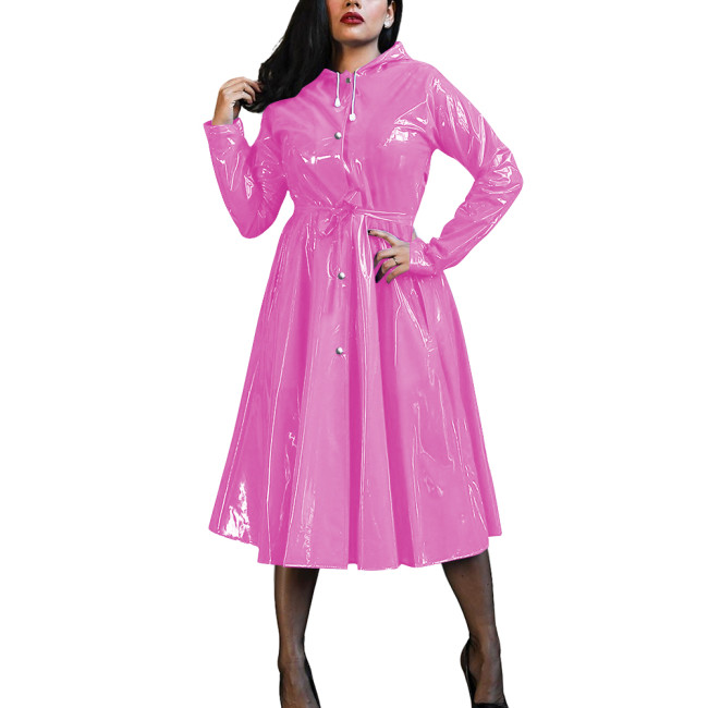 Plus Size Women's Midi Hood Dress Vinyl PVC Leather Long Sleeve Button Up A-Line Maxi Dresses Office Pleated Large-Hem Dresses