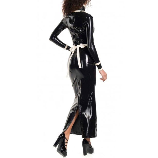 Wet Look Halloween Maid Dress Outfits Sissy High Neck Long Pencil Dress with Full Zipper Vinyl PVC Leather Cosplay Maid Dresses