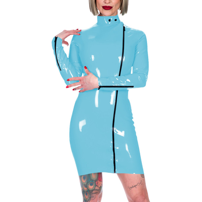 Chic Latex-look Bodycon Mini Dress High Neck Slim Party Club Leather PVC Dress Womens Elegant Front Zipper Skinny Dress Fetish