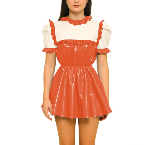 Patchwork Ruffled Latex-look PVC Mini Dress Sweet Puff Short Sleeves High Waist A-line Dress Retro Maid Style Pleated Mini Dress