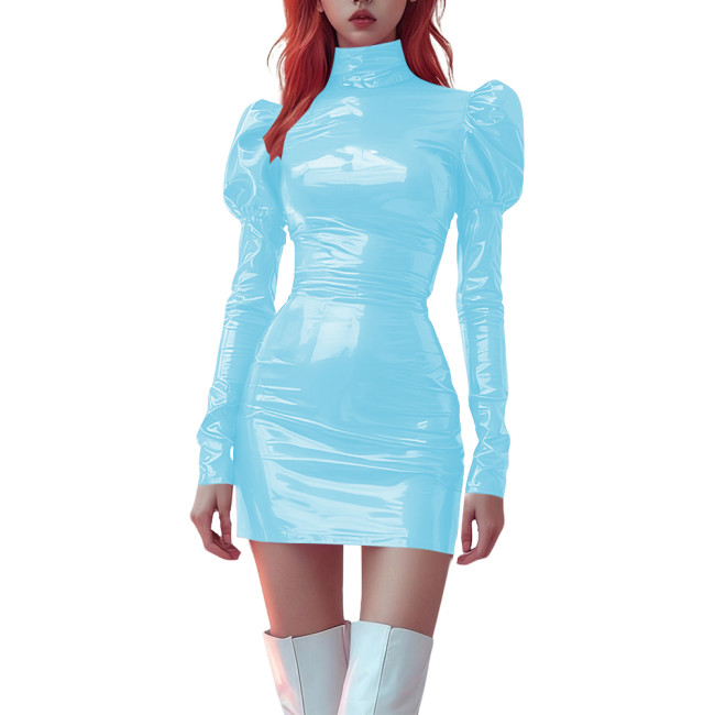 High Neck Bodycon PVC Vinyl Leather Mini Dress for Womens Party Puff Long Sleeve Tight Dress Ladies Stretchy Fashion Short Dress