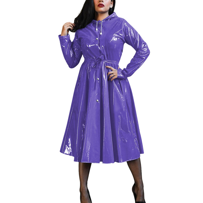 Plus Size Women's Midi Hood Dress Vinyl PVC Leather Long Sleeve Button Up A-Line Maxi Dresses Office Pleated Large-Hem Dresses
