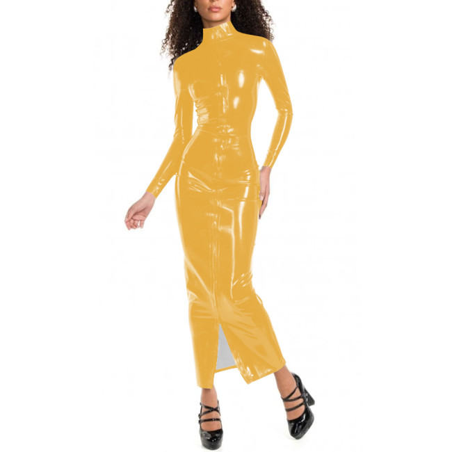 Women Bodycon High Neck Full Zip Long Dress Formal Elegant Skinny Dress Long Sleeve Vinyl PVC Leather Tight Party Club Dresses