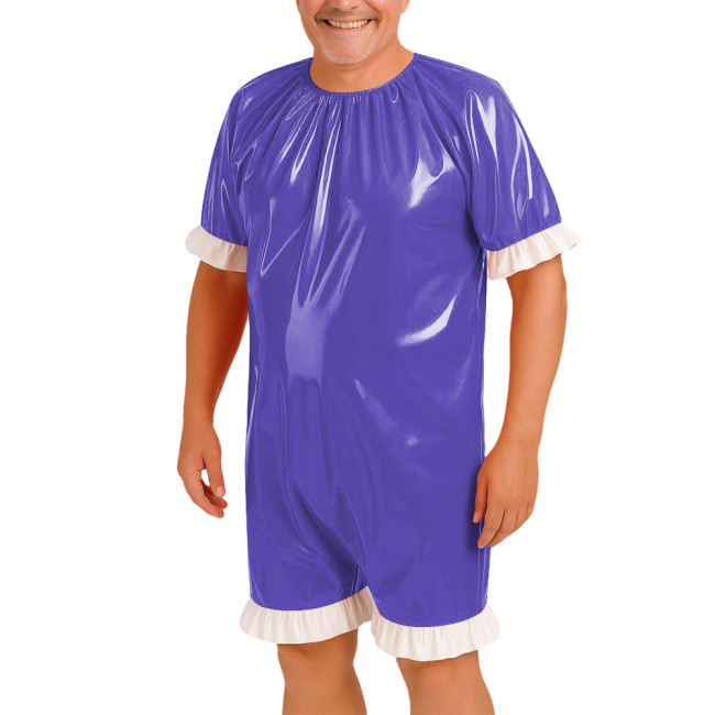 Men's Short Sleeve Wetlook Bodysuit with Ruffles Hem Glossy PVC Leather Cosplay Romper Eoxitc Lingerie Party Cosplay Uniform