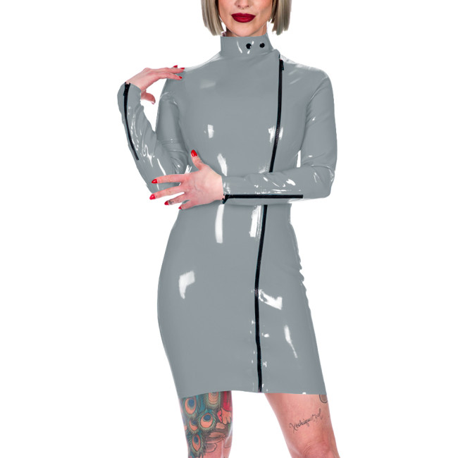 Chic Latex-look Bodycon Mini Dress High Neck Slim Party Club Leather PVC Dress Womens Elegant Front Zipper Skinny Dress Fetish