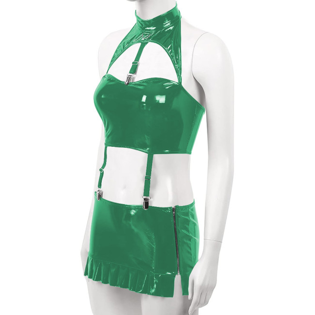 Sexy PVC Leather Dress Sets for Womens Wetlook Halter Neck Bra Crop Top Garter Belt Mini Skirt Rave Party Outfits Exotic Costume