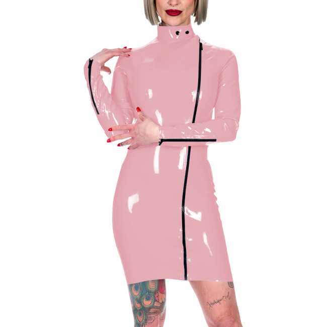 Chic Latex-look Bodycon Mini Dress High Neck Slim Party Club Leather PVC Dress Womens Elegant Front Zipper Skinny Dress Fetish