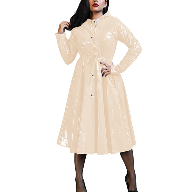 Plus Size Women's Midi Hood Dress Vinyl PVC Leather Long Sleeve Button Up A-Line Maxi Dresses Office Pleated Large-Hem Dresses