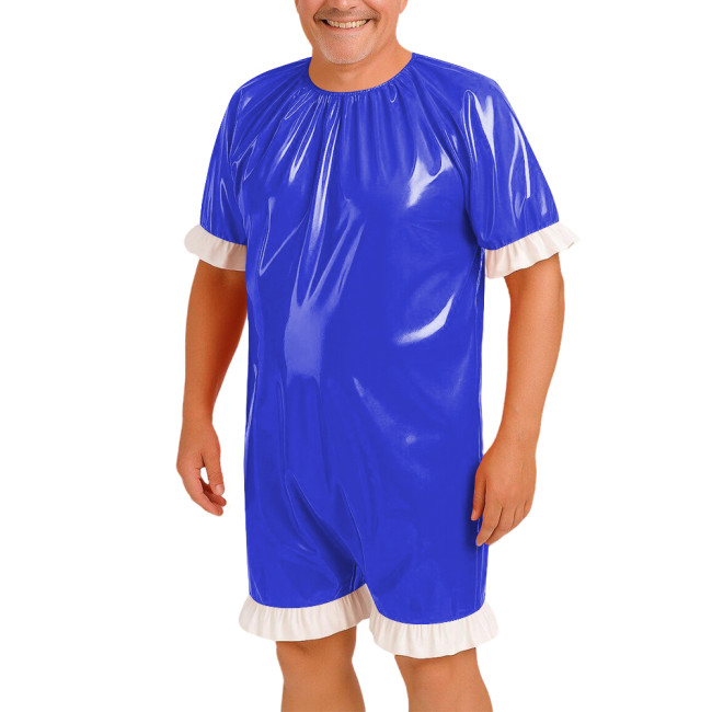 Men's Short Sleeve Wetlook Bodysuit with Ruffles Hem Glossy PVC Leather Cosplay Romper Eoxitc Lingerie Party Cosplay Uniform