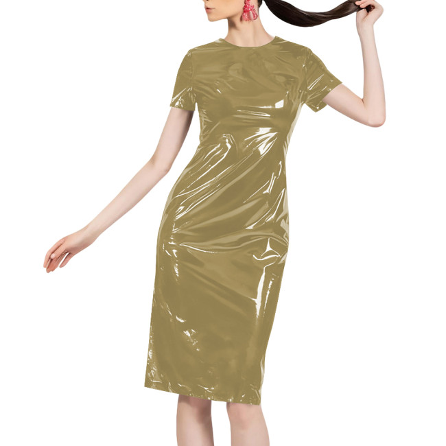 Women Shiny Patent Leather O-neck Dress Glossy PVC Stretch Knee-length Casual Dresses Wetlook Streetwear Going Out Slim Clothing