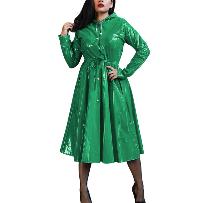 Plus Size Women's Midi Hood Dress Vinyl PVC Leather Long Sleeve Button Up A-Line Maxi Dresses Office Pleated Large-Hem Dresses