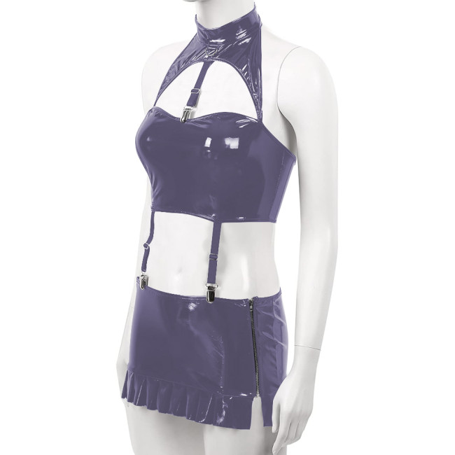 Sexy PVC Leather Dress Sets for Womens Wetlook Halter Neck Bra Crop Top Garter Belt Mini Skirt Rave Party Outfits Exotic Costume