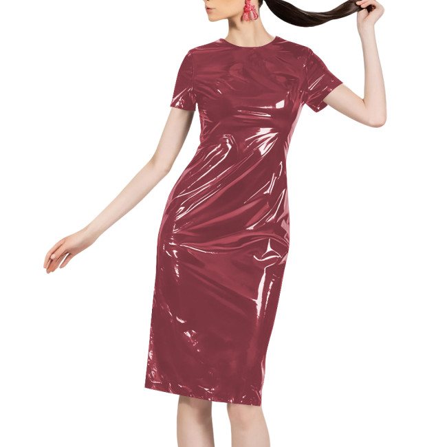 Women Shiny Patent Leather O-neck Dress Glossy PVC Stretch Knee-length Casual Dresses Wetlook Streetwear Going Out Slim Clothing