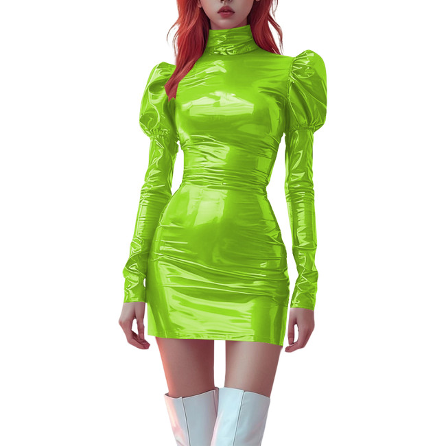 High Neck Bodycon PVC Vinyl Leather Mini Dress for Womens Party Puff Long Sleeve Tight Dress Ladies Stretchy Fashion Short Dress