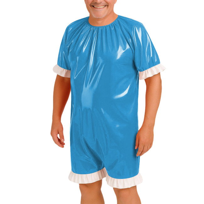 Men's Short Sleeve Wetlook Bodysuit with Ruffles Hem Glossy PVC Leather Cosplay Romper Eoxitc Lingerie Party Cosplay Uniform