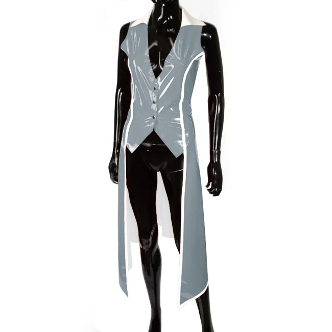 Mens Steampunk Gothic Sleeveless Jacket Glossy PVC Leather Tailcoat Vintage Tuxedo Coat Halloween Cosplay Costume Wet Clubwear