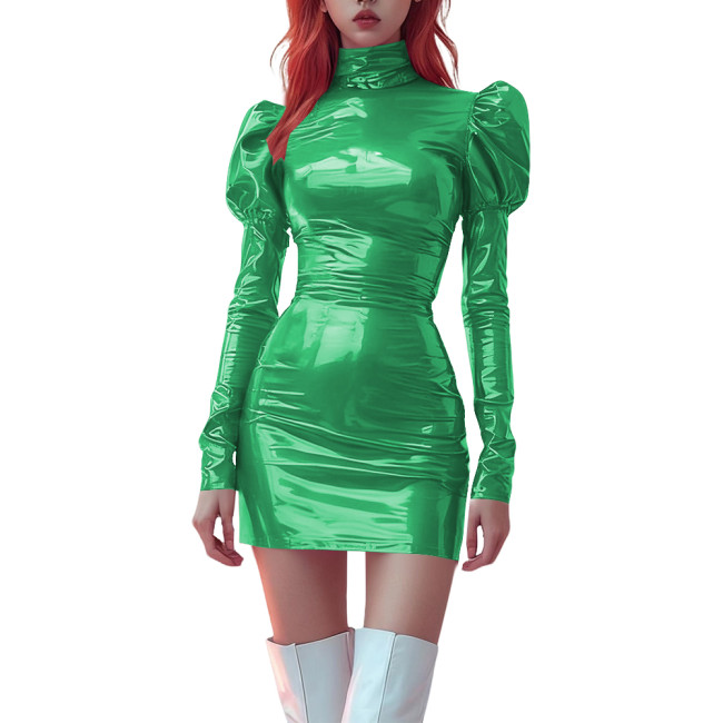 High Neck Bodycon PVC Vinyl Leather Mini Dress for Womens Party Puff Long Sleeve Tight Dress Ladies Stretchy Fashion Short Dress