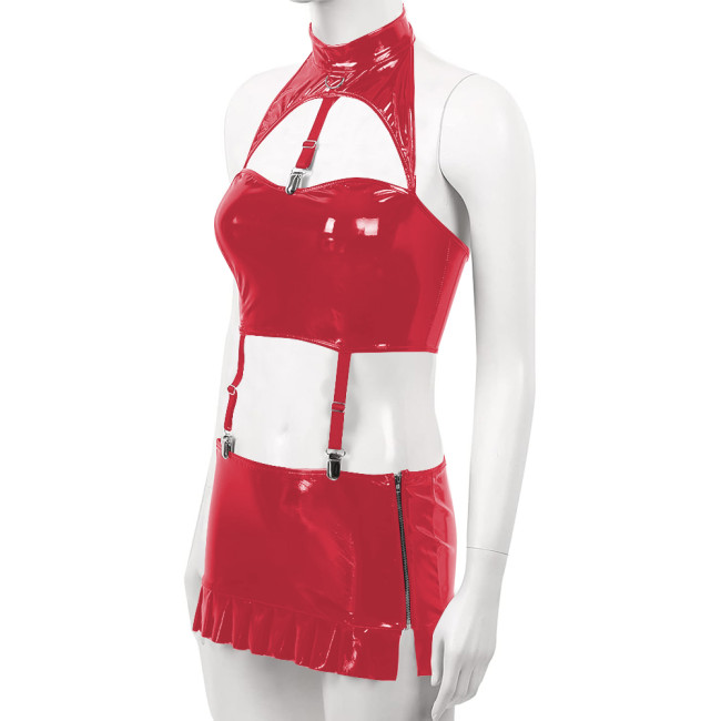 Sexy PVC Leather Dress Sets for Womens Wetlook Halter Neck Bra Crop Top Garter Belt Mini Skirt Rave Party Outfits Exotic Costume
