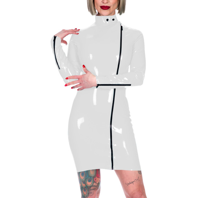 Chic Latex-look Bodycon Mini Dress High Neck Slim Party Club Leather PVC Dress Womens Elegant Front Zipper Skinny Dress Fetish